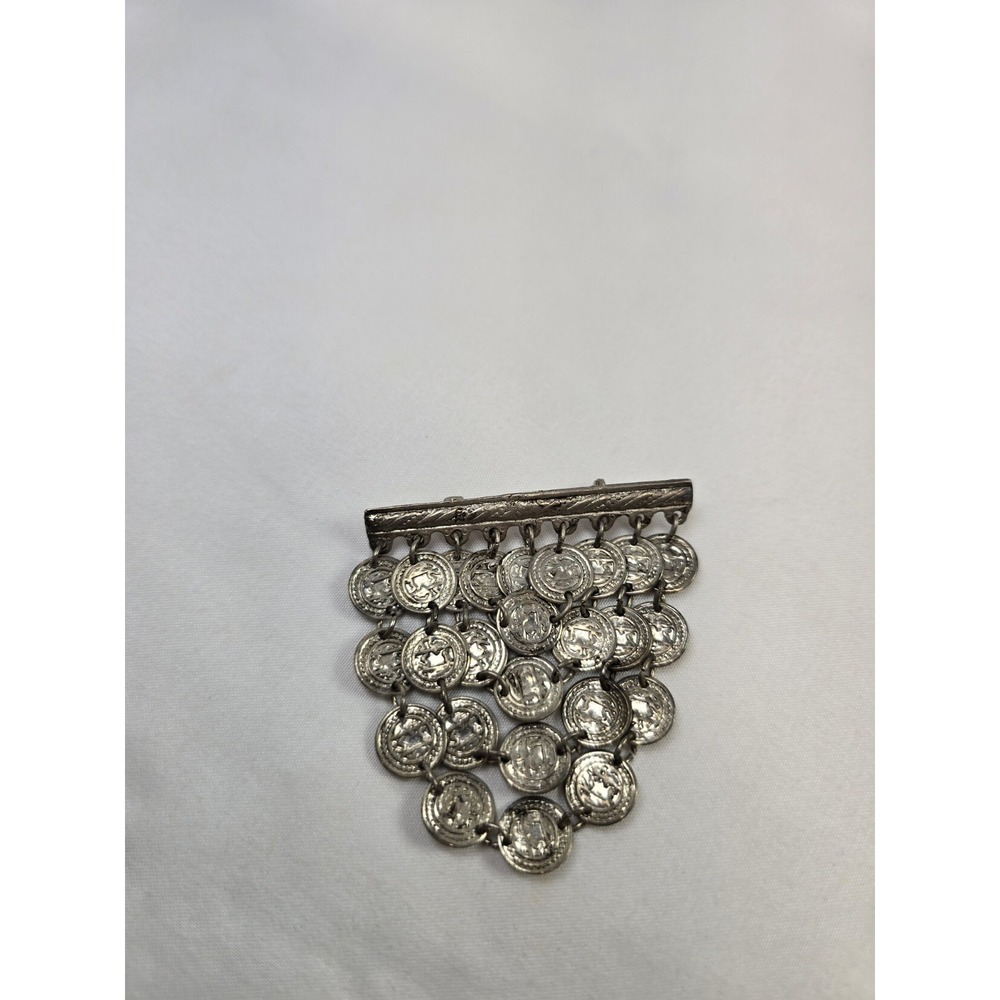 Vintage Silver Tone Coin Dangle Brooch Bib Cascade Ethnic Boho Statement Pin